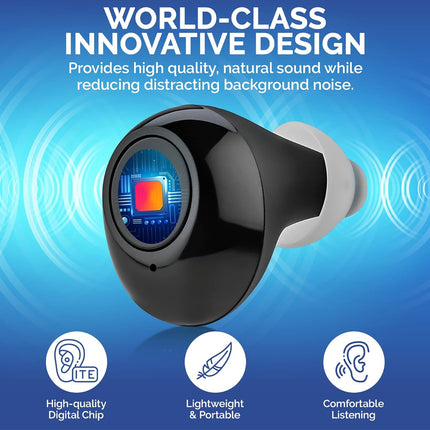 Black wireless earbud with blue background and text about design and features