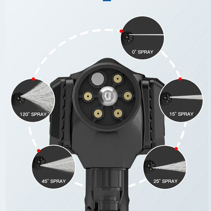 Spray gun nozzle with spray patterns labeled on a light gray background