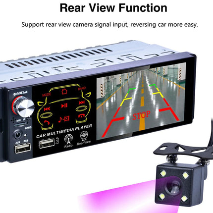 Car multimedia rear view camera system with a silver and black head unit showing a rear parking garage feed, plus a separate black backup camera module on a white background with text reading 'Rear View Function'.