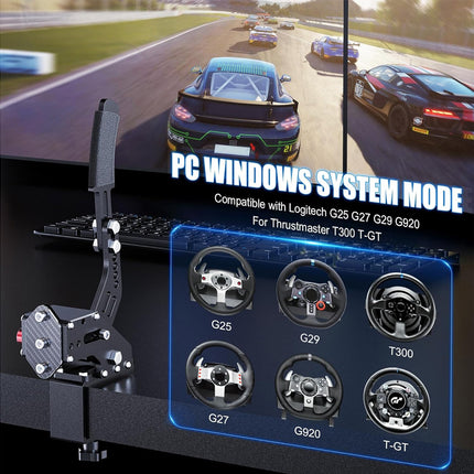Gaming steering wheel and pedals with compatibility details on a racing game background