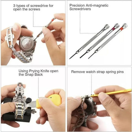 Watch repair tools with step-by-step instructions on using them.