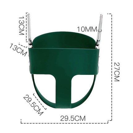 Green swing seat with dimensions labeled on a white background
