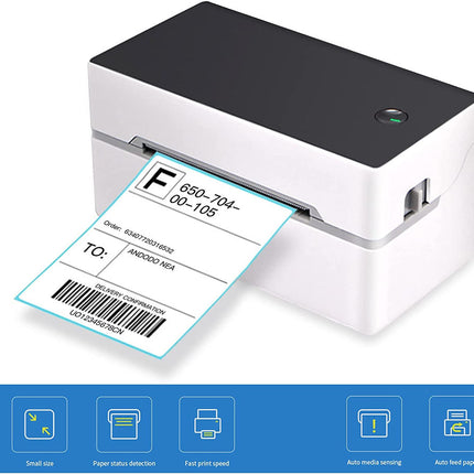 Label printer with a label output on a white background