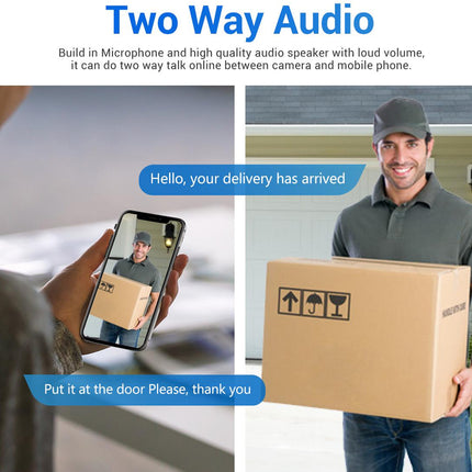 Two-way audio system with a delivery person and smartphone interface.