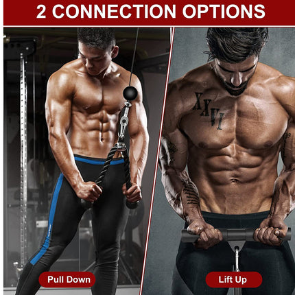 A promotional comparison graphic showing two muscular men demonstrating cable exercise options labeled 'Pull Down' and 'Lift Up' under the heading '2 CONNECTION OPTIONS'. The left panel shows one man pulling a cable rope downward in a gym setting, and the right panel shows another man lifting a cable bar in a darker studio setting.