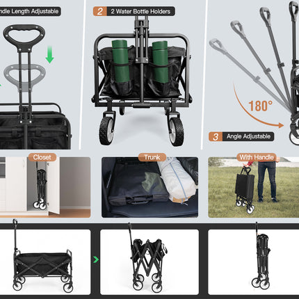 Multifunctional cart with adjustable handle, water bottle holders, and angle adjustment features.
