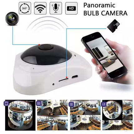 A white and black panoramic bulb camera shown with a hand holding a smartphone displaying the live feed, plus feature icons and small sample surveillance thumbnails on a white background.