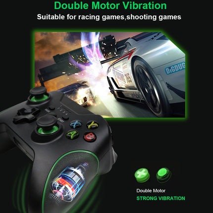 A black gaming controller with green illuminated buttons and a transparent cylindrical vibration motor visible on the palm rest, shown against a black background with marketing text and a racing game inset.