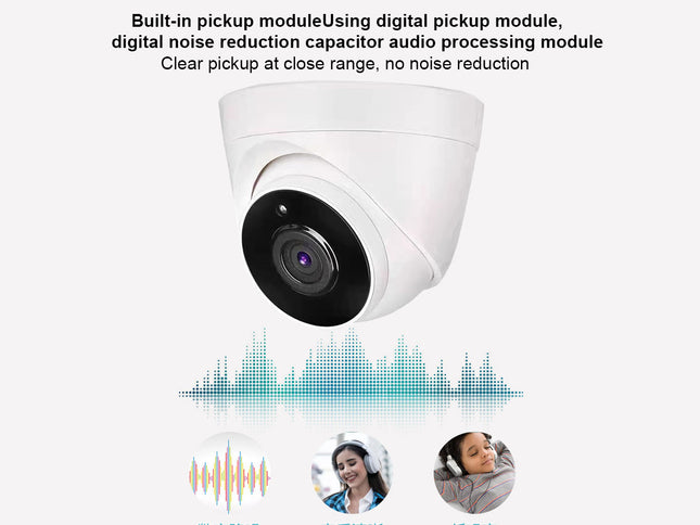 White security camera with digital pickup module and noise reduction features on a white background