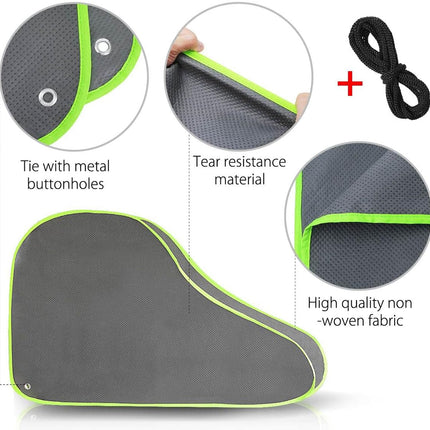 Gray shoe cover with green trim, showing tie with metal buttonholes, tear resistance material, and high-quality non-woven fabric.