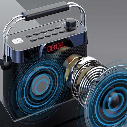 Portable stereo with speakers and digital display on a gray background