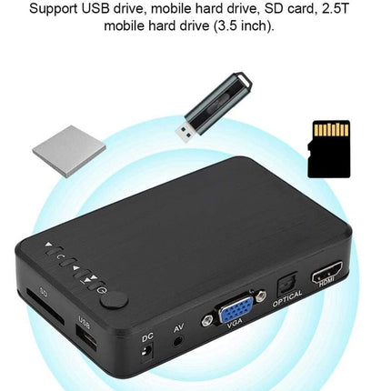 Black external hard drive enclosure with multiple ports on a white background