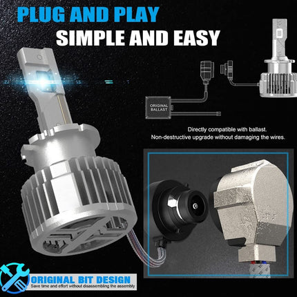 Car headlight bulb with 'Plug and Play' text and compatibility diagram on a black background