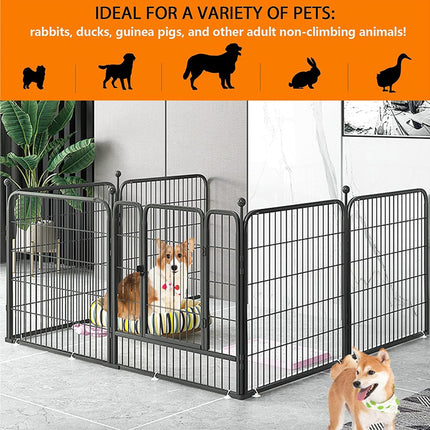 Black metal pet playpen panels arranged in a small enclosure in a modern indoor room, with a dog sitting inside and another dog standing outside. An orange banner at the top reads 'IDEAL FOR A VARIETY OF PETS: rabbits, ducks, guinea pigs, and other adult non-climbing animals!' with black silhouette icons of different pets.