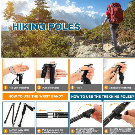Hiking poles product advertisement with usage instructions and a hiker in a mountainous landscape.