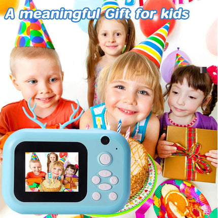 Children with party hats and a toy camera, celebrating a birthday.