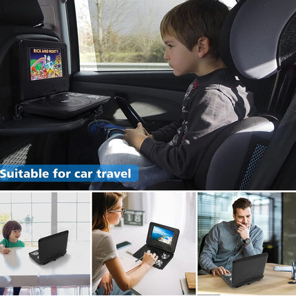 Child using a portable device in a car seat with text 'Suitable for car travel'.