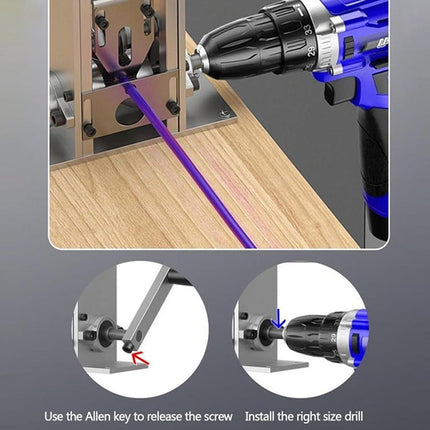Drill bit installation process with a drill and Allen key on a gray background