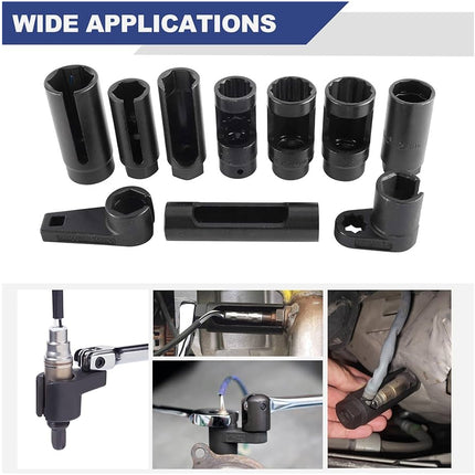 Black socket wrench extension set with multiple socket sizes and extension pieces, shown above three inset photos demonstrating use on a vehicle undercarriage. A blue banner at the top reads 'WIDE APPLICATIONS'.