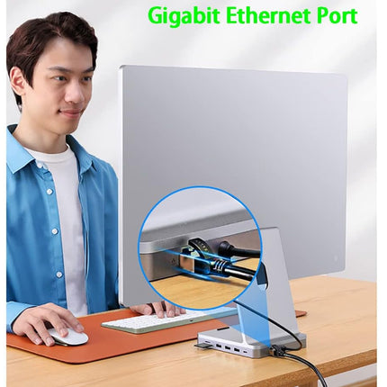 Person using a computer with a close-up of a Gigabit Ethernet port on a white background