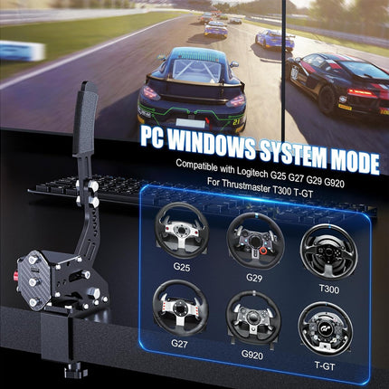 Gaming controller setup with screen displaying racing game, featuring Logitech and Thrustmaster logos.