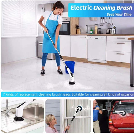 Person using an electric cleaning brush in a kitchen with text about its benefits.