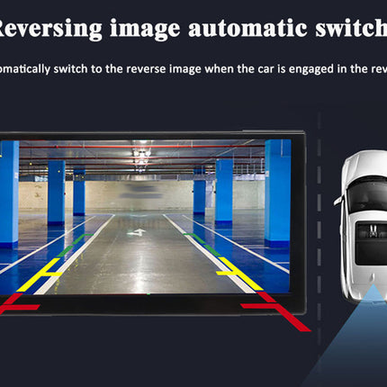 Car reverse camera system with screen displaying parking assistance on a dark background