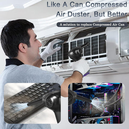 Person using a device to clean an air conditioning unit with text about it being better than compressed air cans.