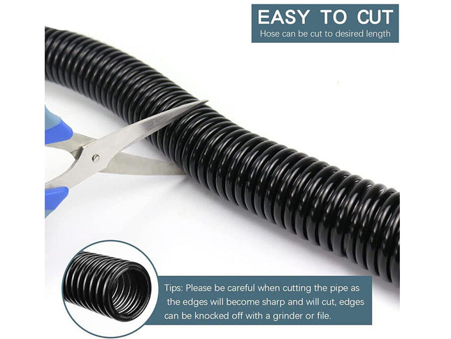 Black flexible hose with scissors and text indicating it can be cut to desired length.