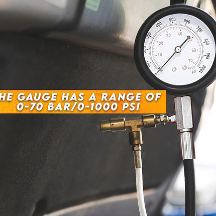 Pressure gauge attached to a vehicle tire with text indicating its range.