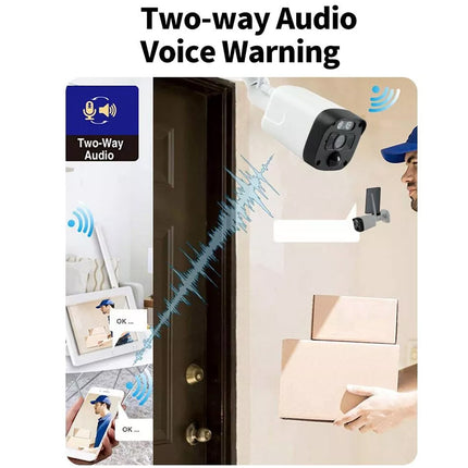 Advertisement for a security system with two-way audio and voice warning features.