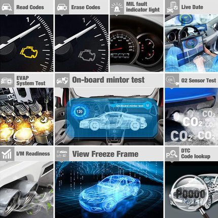 Grid of automotive diagnostic images with various tests and tools.