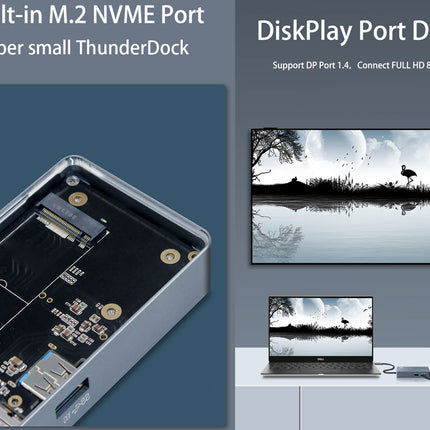 Super small ThunderDock with M.2 NVME port and DiskPlay Port DP 8K displaying a scenic image.
