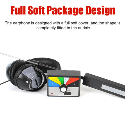 Black earphone with a colorful control panel on a white background, featuring text about soft package design.