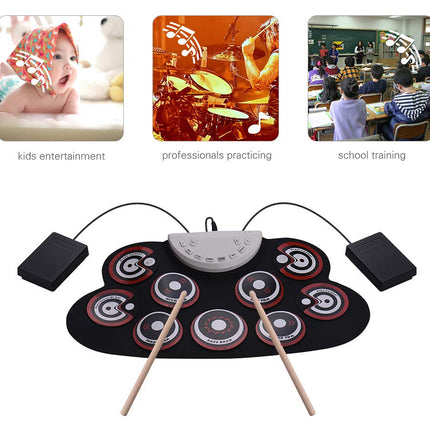 Electronic drum set with images of kids entertainment, professionals practicing, and school training.