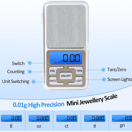 Digital jewelry scale with labeled buttons on a blue background