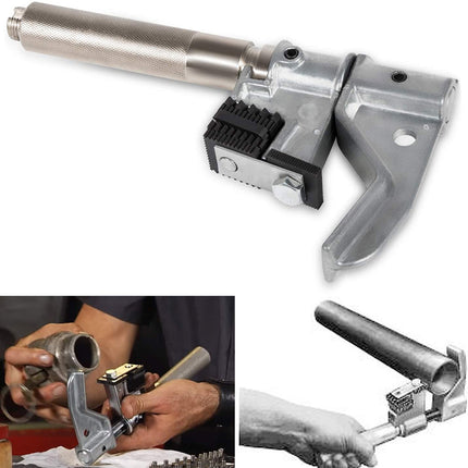 Metal tool with handle and brush attachment on a white background