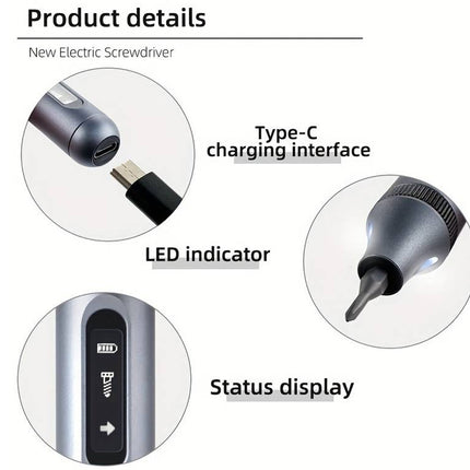 Product details of a new electric screwdriver with Type-C charging interface, LED indicator, and status display on a white background.