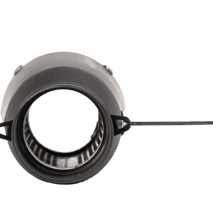 A circular mechanical component or filter assembly with a gray outer housing, black inner ring, and a thin black rod extending to the right, shown on a plain white background.