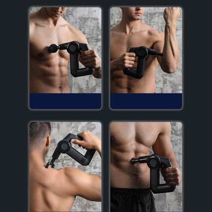 A four-panel collage showing a man using a black handheld muscle massage gun on his chest, arm, shoulder, and abdomen against a gray textured wall.