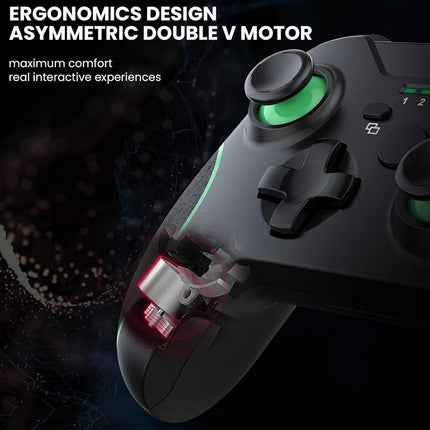 Gaming controller with ergonomic design and asymmetric double V motor on a dark background