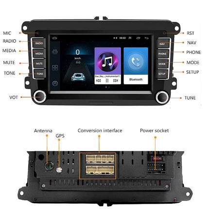 Car stereo system with labeled components on a white background