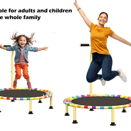 Two trampolines with a woman and child jumping on them, suitable for adults and children.
