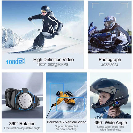Product advertisement showcasing a helmet with various features like high definition video, photograph, 360 rotation, horizontal/vertical video, and wide angle view.