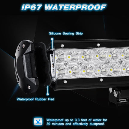 LED light bar with waterproof features highlighted on a dark background