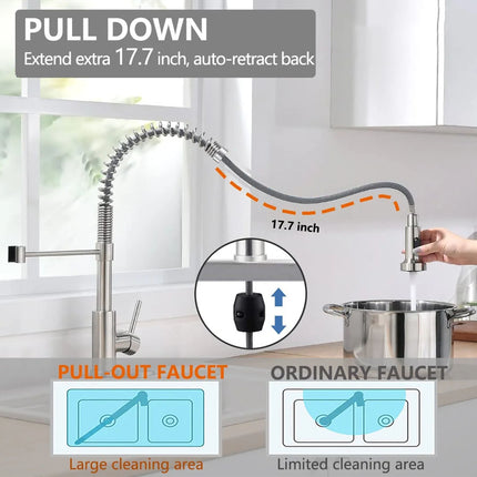 A pull-down kitchen faucet shown in a kitchen setting with instructional text and comparison graphics. The faucet has a flexible gooseneck sprayer and a side handle, with an inset showing the pull-down extension mechanism.