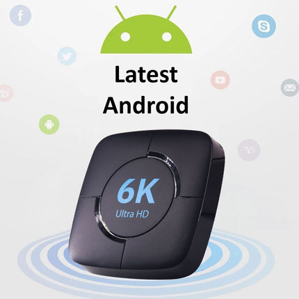 Black device with 'Latest Android' and '6K Ultra HD' text, featuring an Android logo on a light gray background.