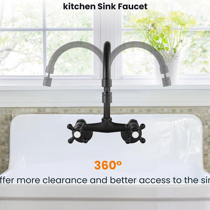 Kitchen sink faucet with a 360-degree swivel on a white sink, with text highlighting its features.