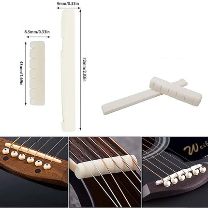 Guitar parts including a bridge and strings with measurements on a white background