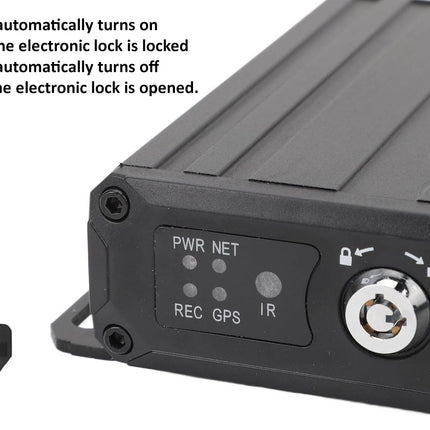 Black electronic device with connectors and a key on a white background